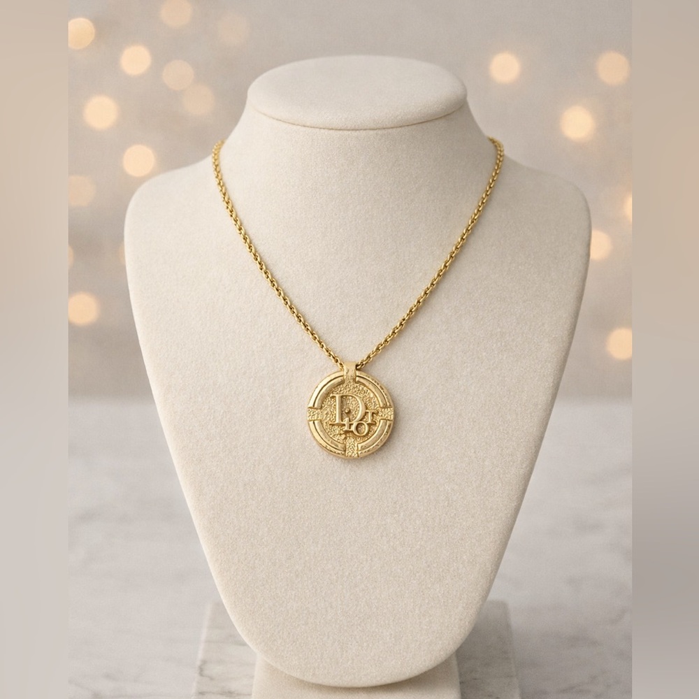 Christian Dior Vintage Logo Coin Gold Plated Pendant Necklace